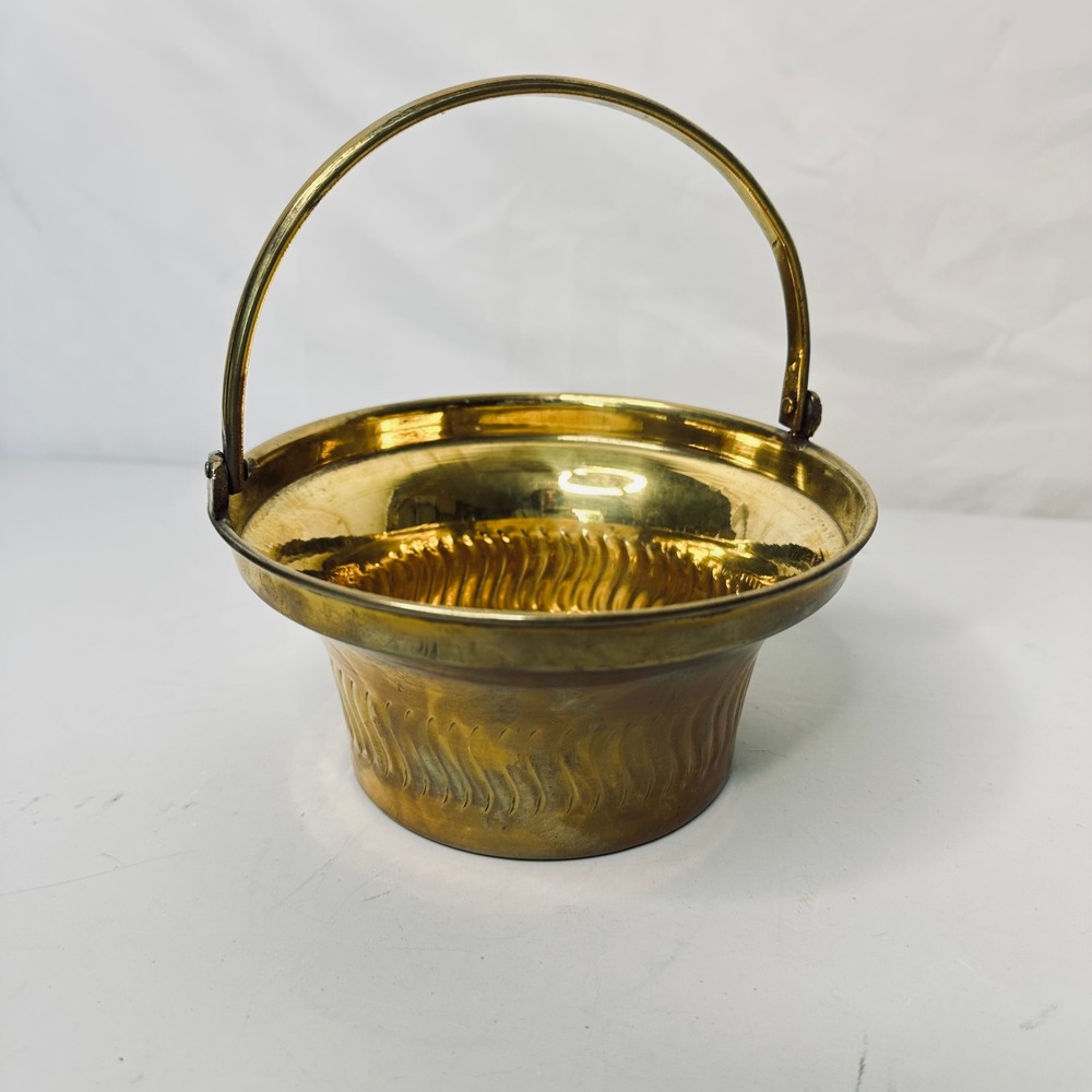Vintage Brass Basket Bowl with Handle Made in India Fluted Embossed Decorative